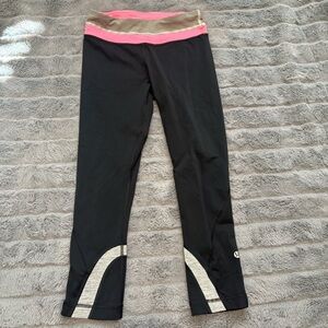 lululemon athletica Black Capri Leggings with Pink Waistband & Striped Accents